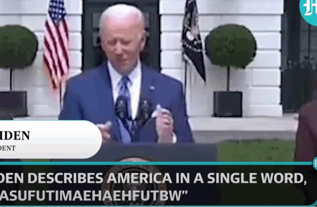 a man in a suit and tie stands at a podium with a caption that says " den describes america in a single word