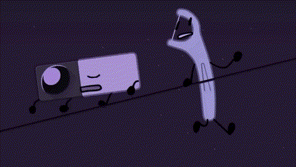 two cartoon characters are standing next to each other on a line .
