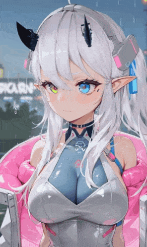 a girl with white hair and horns is wearing headphones and a choker