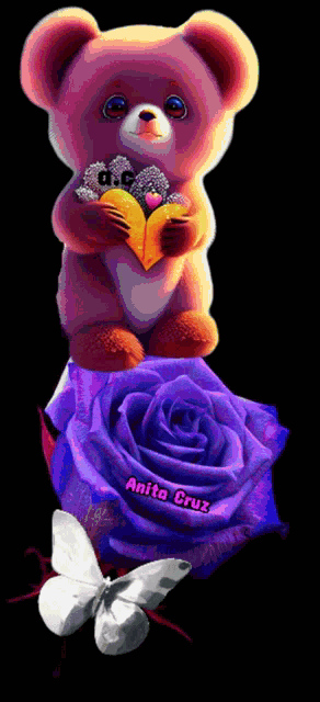 a teddy bear sitting on top of a purple rose with anita cruz written on the bottom right