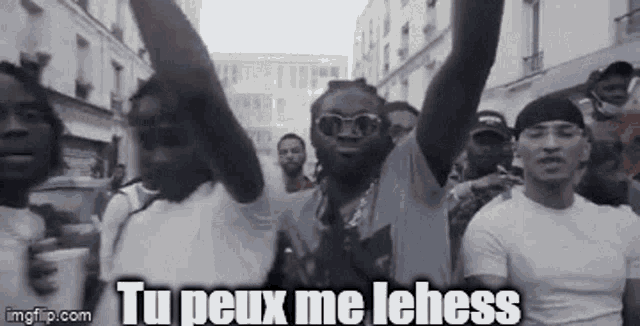 a group of men are standing in a crowd with their arms in the air and the words `` tu peux me lehess '' .