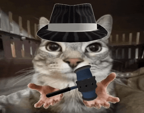 a cat wearing a hat and holding a hammer in its hands