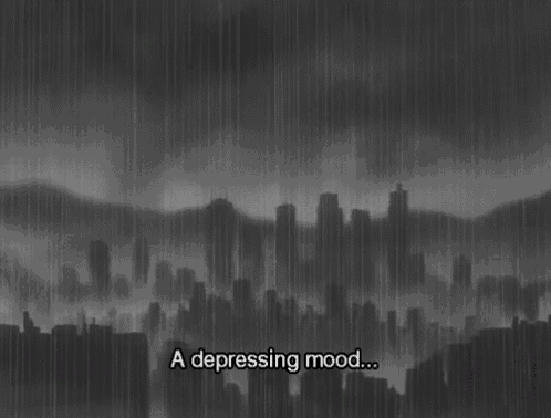 a black and white photo of a city in the rain with the words `` a depressing mood '' below it .