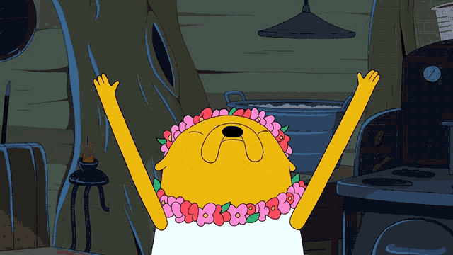a cartoon character with a flower necklace around his neck is wearing his arms in the air