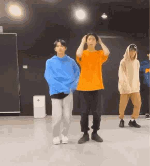 a group of young men are dancing in a room .