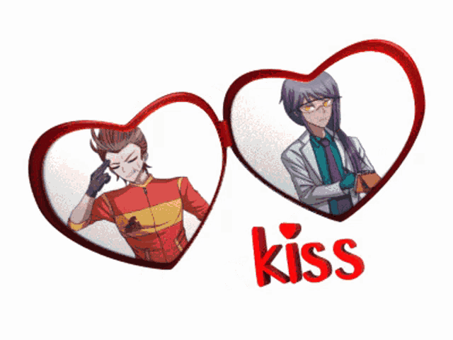 a couple of hearts with the word kiss in red