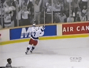 a hockey player celebrates a goal in front of a banner for air canada