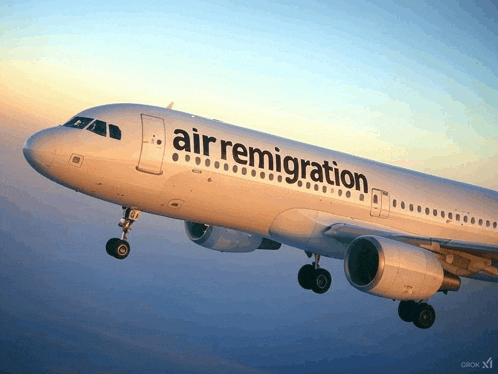 an air remigration plane is flying through the sky