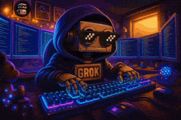 a robot wearing sunglasses is typing on a keyboard with the words $ grok is code below it