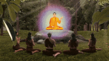 a group of people are sitting in a circle in front of a statue of buddha