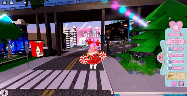 a girl in a red dress is crossing the street in a video game with the name milan
