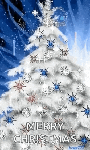a merry christmas greeting card with a snowy christmas tree