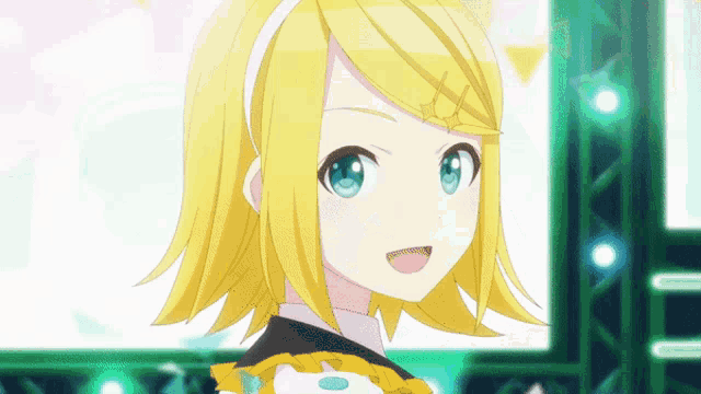 a girl with yellow hair and blue eyes is looking at the camera