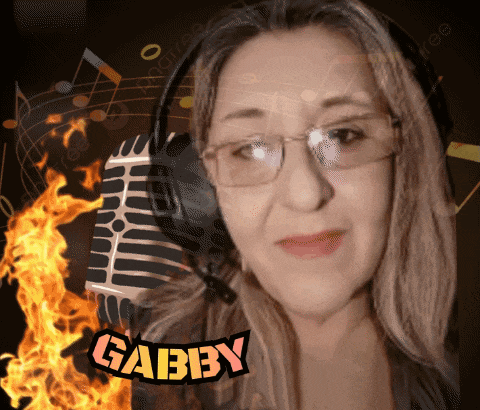 a woman wearing glasses and headphones with gabby written on her face