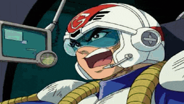a cartoon character wearing a helmet with a g on it