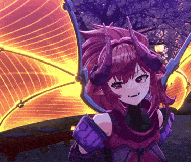 a girl with purple hair and horns is wearing purple armor