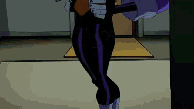 a cartoon character is standing in a doorway wearing purple pants