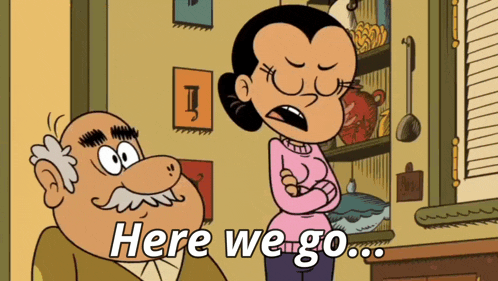 a couple of cartoon characters standing next to each other with the words here we go