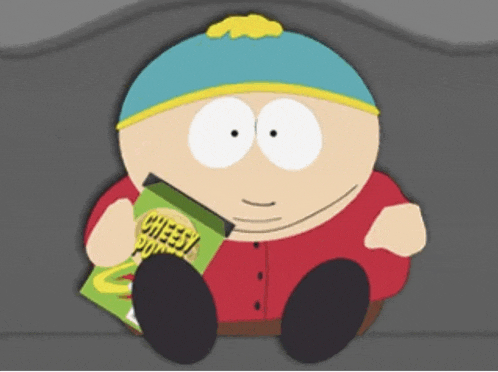 a south park character is reading a book while holding a bag of cheesy popcorn