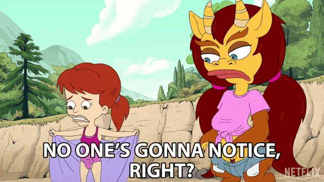 a cartoon of a girl and a monster with the words no one 's gonna notice right