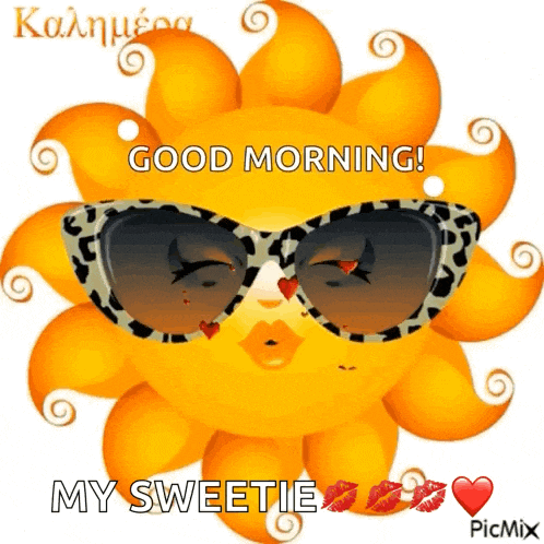 a picture of a sun wearing sunglasses with the words good morning my sweetie