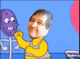 a cartoon of a man in a yellow shirt with a purple balloon behind him