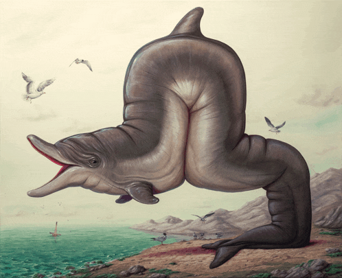 a painting of a dolphin with a very long neck