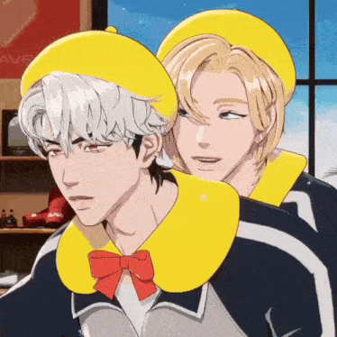 a man wearing a yellow beret and a yellow collar is hugging another man