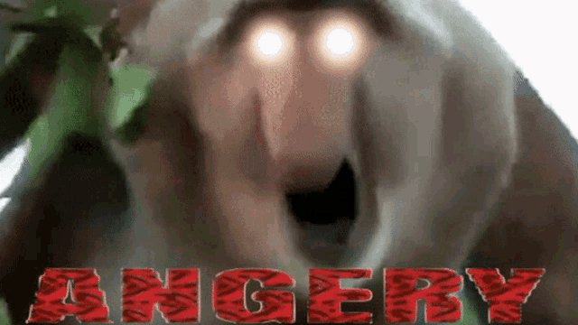 a close up of a monkey with glowing eyes and the word angery in red