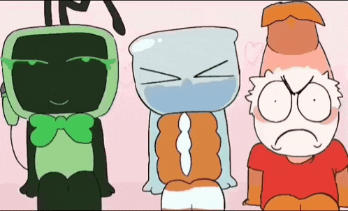 three cartoon characters are standing next to each other on a pink background . one of the characters is wearing a bow tie .