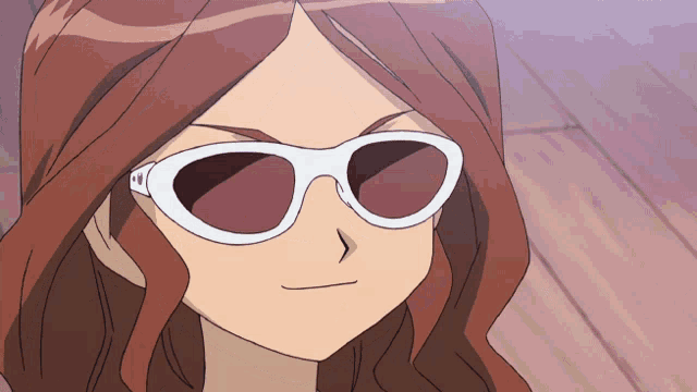 a close up of a person wearing sunglasses with a purple background