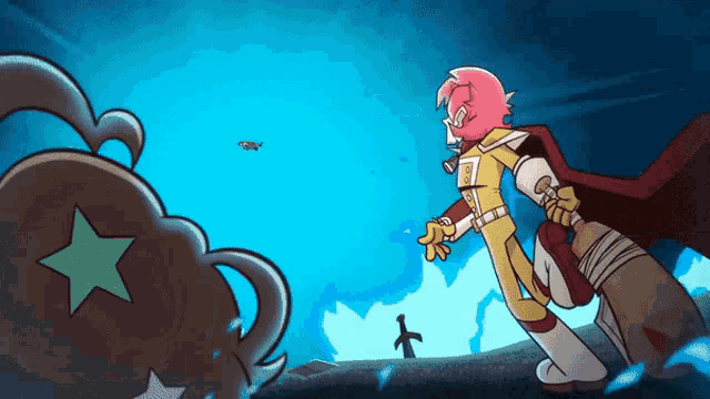 a cartoon drawing of a superhero with a red cape holding a broom