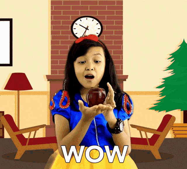 a girl in a snow white costume is holding an apple in her hands and the word wow is on the bottom