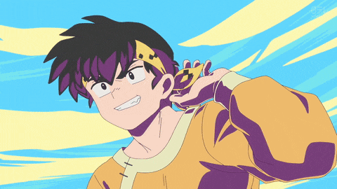 a cartoon drawing of a man with purple hair and a yellow shirt
