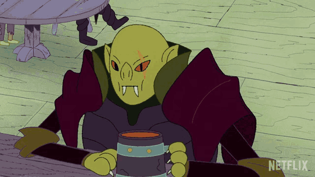 a cartoon character is sitting at a table holding a mug with netflix written in the corner
