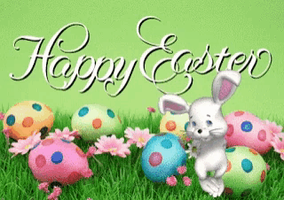 a happy easter card with a bunny and eggs