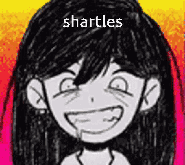 a black and white drawing of a girl laughing with the words shartles written above her .