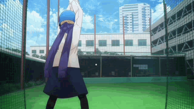 a girl with a blue scarf around her neck is playing baseball