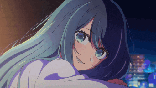 a close up of a girl with blue hair