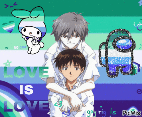 a couple of anime characters with the words love is love on the bottom