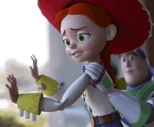 buzz lightyear and jessie from toy story are looking out a window