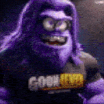 a purple monster is wearing a t-shirt that says goon