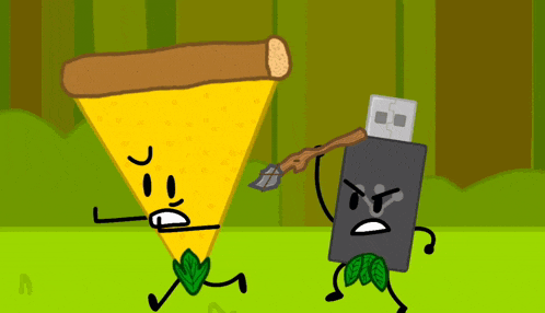 a cartoon character holding a stick and a flash drive