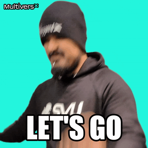 a man in a black hoodie says let 's go on a green background