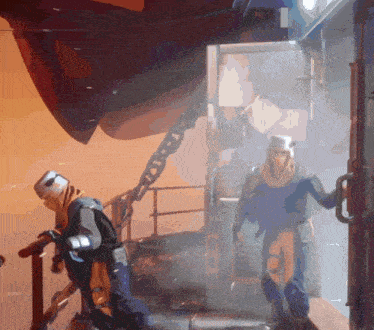 a man wearing a helmet is standing next to another man wearing a mask