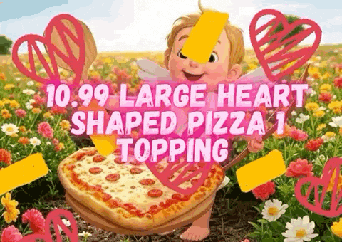 a cupid is holding a large heart shaped pizza with topping .