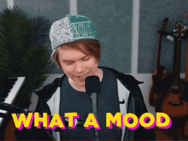 a man singing into a microphone with the words " what a mood " written above him