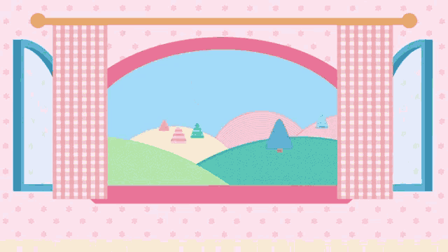 a cartoon rabbit is looking out of a window with a pink checkered curtain