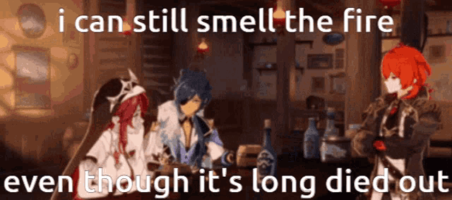 a screenshot of a video game with a caption that says i can still smell the fire even though it 's long died out