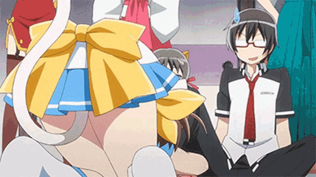 a group of anime characters are sitting on the floor and one of them is wearing a cat tail